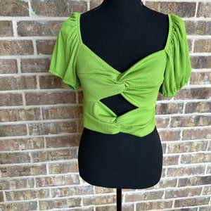 OLIVACEOUS women's crop top knotted tied front size large lime green NWT short
